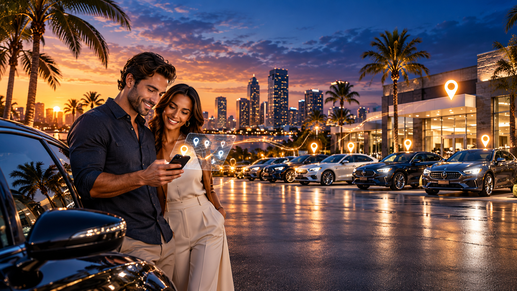 Couple exploring dealership listings on a map